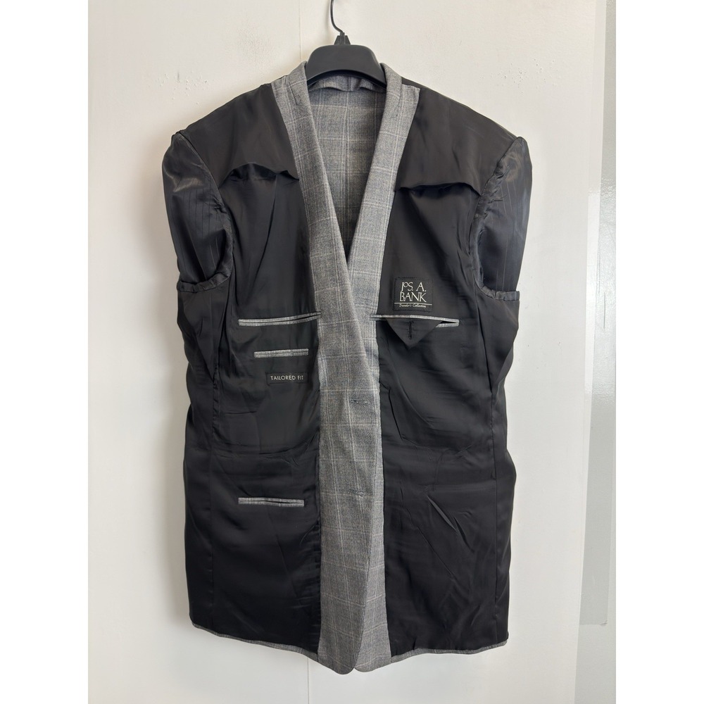 Jos A Bank Travelers Sport Coat Mens 44L Tailored Fit Grey‎ Plaid Wool Blazer - Picture 7 of 12